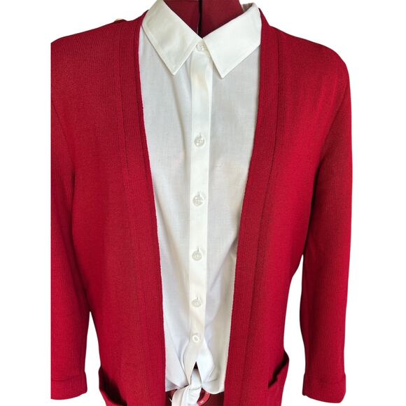 St. John Sportswear Size Small Red Knit Long Line Open Front Cardigan - Picture 4 of 8